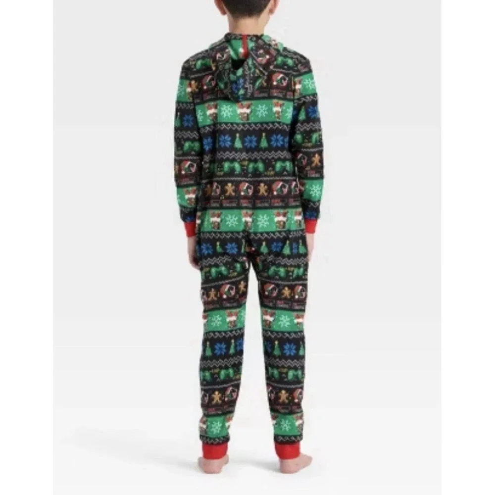 Cat & Jack Boys Christmas Gamer Faire Isle Hooded Pajamas Union Suit Long Sleeve
